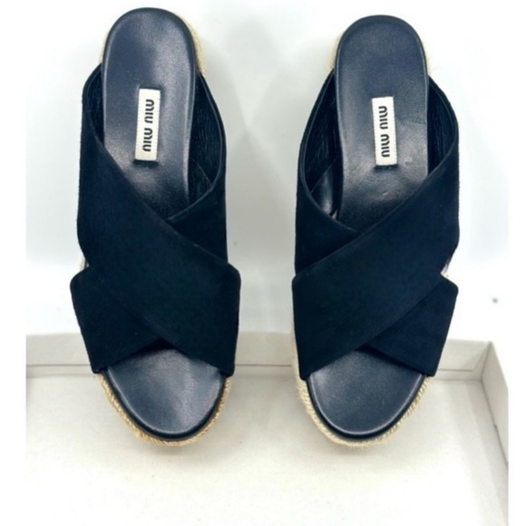 MIU MIU Suede Espadrille Platform Slip on Slides Sandals Black size 8 NEW - Picture 9 of 14